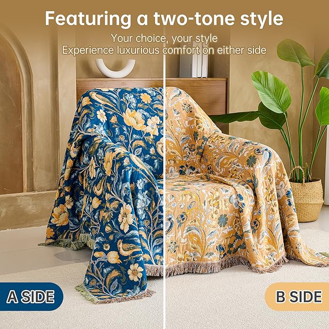 Boho Throw Blanket, 100% Organic Cotton Breathable Ultra Soft 80" x 90" Bed Quilt Throw - All Season Floral Rustic Farmhouse Decor Luxury Reversible Blanket for Sofa Couch Chair and Gift