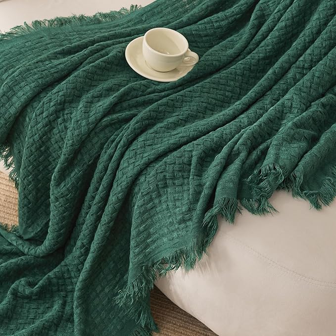 Exclusivo Mezcla Knit Throw Blanket with Fringes for Couch, Reversible Super Soft and Warm Woven Boho Throw for All Season, Home Decor, 50"x60", Forest Green