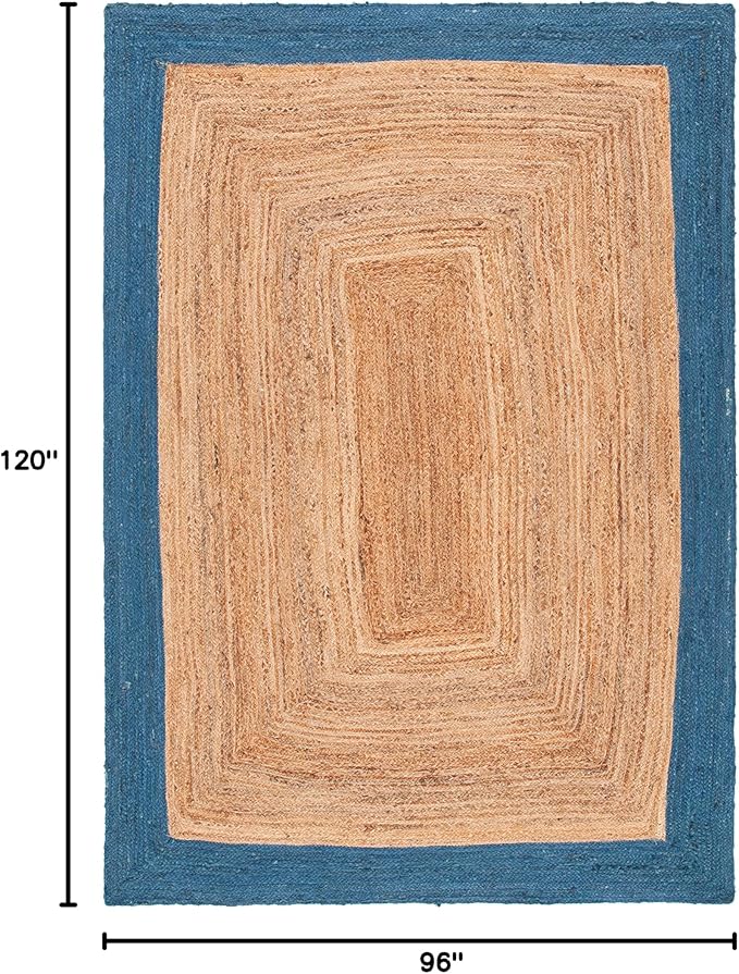 SAFAVIEH Area Rug 8x10 - Natural Fiber Collection - Large - Natural & Blue, Handmade Flat Weave Jute Boho Farmhouse Rustic Border, Ideal for Living Room, Bedroom, Dining Space (NFB852M)