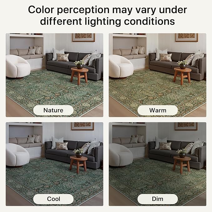 Bavni Washable Rugs 8x10-Machine Washable Rug Lightweight Low Pile, Vintage Floral Rug Non-Shedding Distressed Throw Carpet for Living Room Bedroom Office, Forest Green