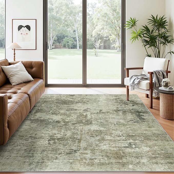 Abstract Rug 5x7 Machine Washable Area Indoor Green Black Low Pile Non-Slip Foldable Thin Accent Rugs for Bedroom Living Room Dining Room