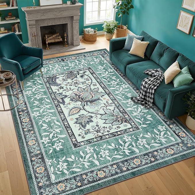 GarveeHome Teal 2x6 Washable Kitchen Runner Rugs Non Slip Provence Botanical Grove Vintage Boho Cottage Long Rug for Hallways Bedroom TPE Rubber Backing