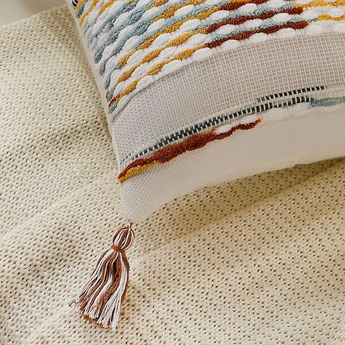 Set of 2 Boho Pillow Covers with Tassels Brown 18x18 Inch Farmhouse Decorative Chenille Tufted Striped Throw Pillow Covers, Neutral Accent Square Textured Pillowcase for Couch Bed Living Room