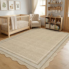 GarveeHome Scalloped Washable 8x10 Area Rug for Living Room Non Slip Soft Bedroom Rugs Solid Jute Color Bordered Rug Low Pile Stain Resistant Carpet for Nursery Dining Room Playroom Classroom, Jute