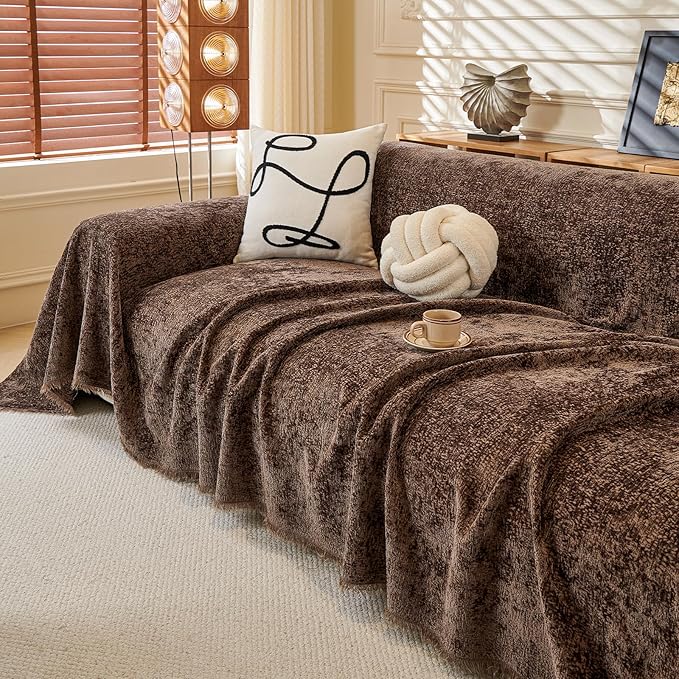 ROOMLIFE Couch Cover with Tassel Brown Chenille Sofa Cover Blanket for Sectional Sofa, Soft Sofa Slipcovers for L Shaped Love Seat 2-3 Cushion Couch Anti Slip Sofa Protector, 71"x118"