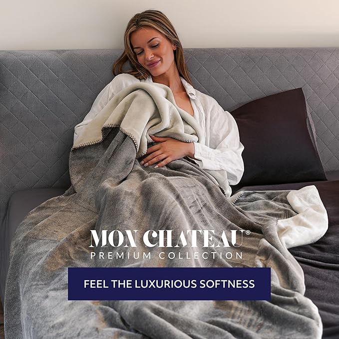 Mon Chateau 60" x 70" Fireside Mélange Throw Blanket, Contrast Stitching Soft Blanket for Queen-Size Bed, Couch, or Sofa, Cozy Home Decor and Stylish Living Room Comfort, Moonstone