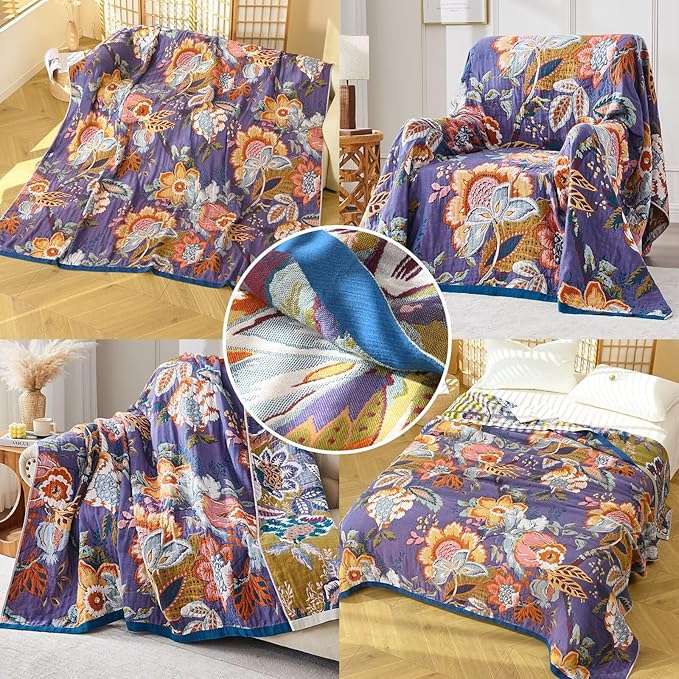 Boho Blanket Soft Muslin BohoThrow Blanket, 100% Cotton Floral Printed Farmhouse Decor All Season Reversible Rustic Throw for Sofa Couch Chair (Purple, 80"x90")