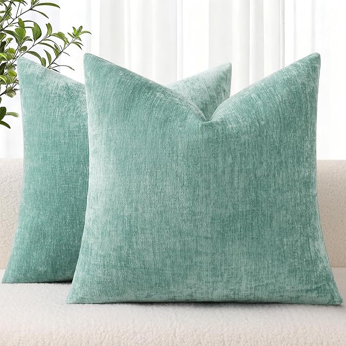decorUhome Chenille Aqua Haze Spring Throw Pillow Covers 20x20 Inch Set of 2, Decorative Soft Couch Pillow Covers Solid Dyed Accent Farmhouse Neutral Square Pillow Cases for Sofa
