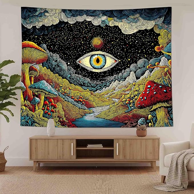 Yeoiat Tapestry Mystical Mushroom Tapestries Cosmic Valley Gaze Wall Hanging Bohemian Fantasy Bedroom Dormitory Decoration 90"x70"