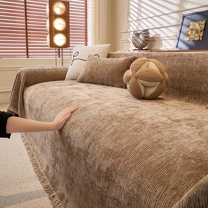 ROOMLIFE Couch Cover Sofa, Boho Chenille Couches Covers for 3 Cushion Sofas, Non Slip Soft Breathable Sofa Slipcovers for Pet, Washable Furniture Protector with Tassel,71''X134”