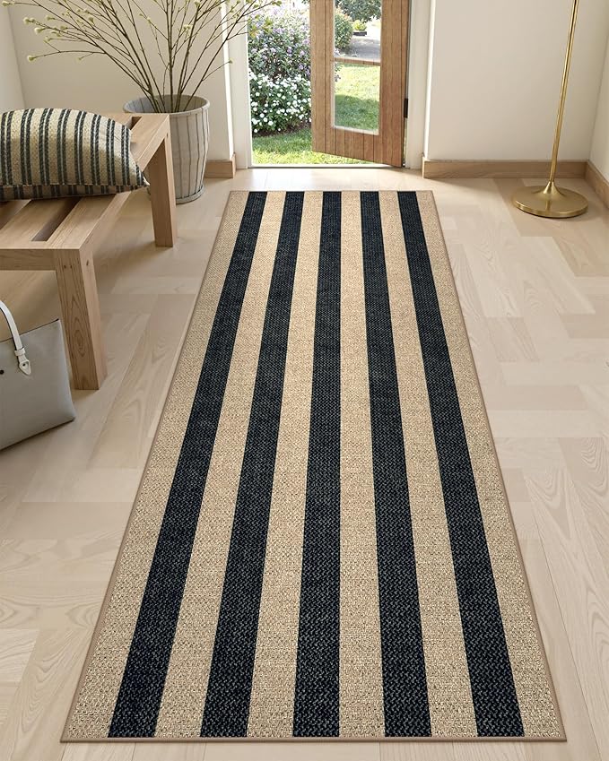 Lahome Elance Striped Easy Jute Kitchen Runner, 2x8 Washable Runner Rug for Hallway Entryway, Farmhouse Non Slip Non Shedding Black Indoor Outdoor Carpet for Entry Porch