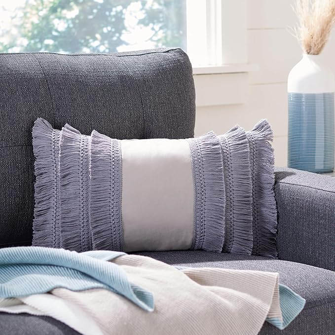 SAFAVIEH Home Collection Grema Boho Fringe Light Grey/Periwinkle 12 x 20-inch Rectangle Decorative Accent Throw Pillow with Insert