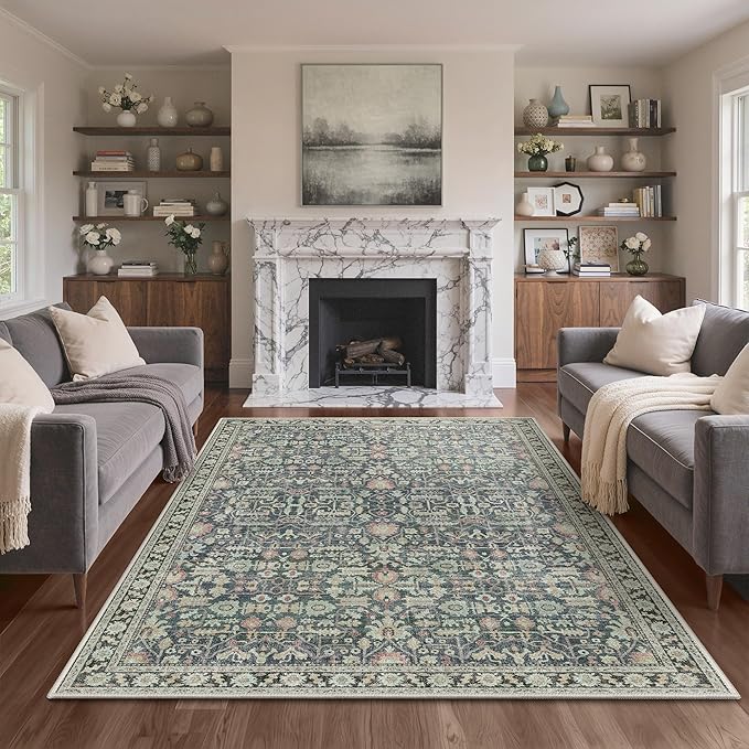 Bavni Area Rugs for Living Room, 5x7 Washable Rug Non-Slip Washable，Ultra-Thin Aesthetic Boho Rug for Bedroom Dinning Room Office,Green/Blue