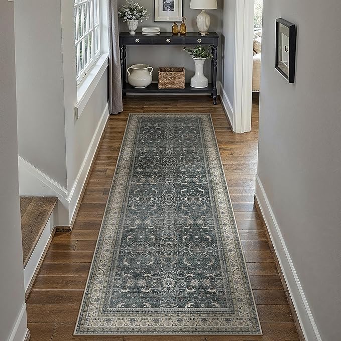 HUGEAR 2x6 Runner Rug Vintage Black Machine Washable Retro Floral Hallway Low Pile Carpet Vacuumable Distressed Long Throw Rug Bedroom Office Bathroom Kitchen Laundry Non Slip Soft Lightweight