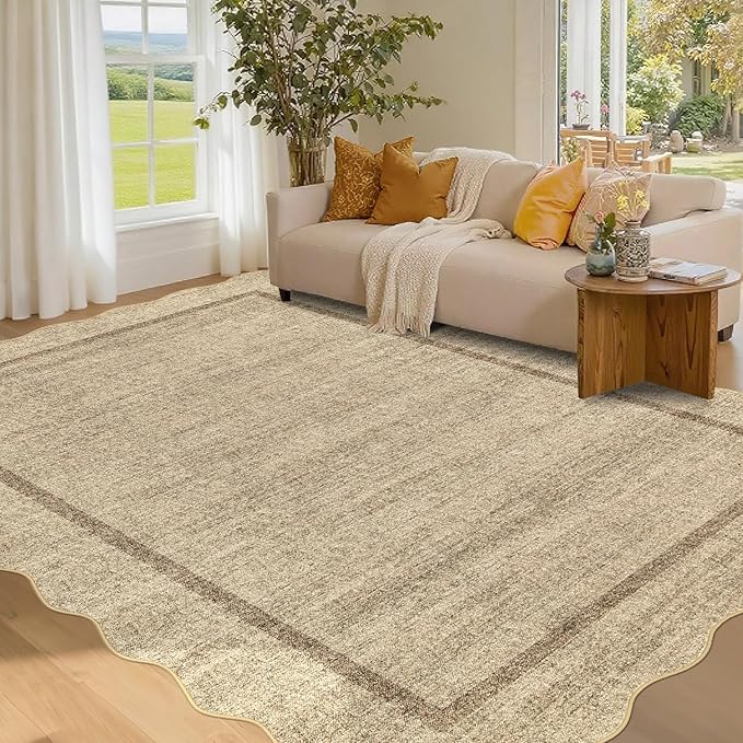 GarveeHome Scalloped 3x5 Area Rug Washable Rug for Entryway, Super Soft Entryway Rug Non-Slip, Printed Faux Wool Floral 3x5 Area Rug Thin Floor Carpet for Kitchen, Bedroom, Office, Living Room