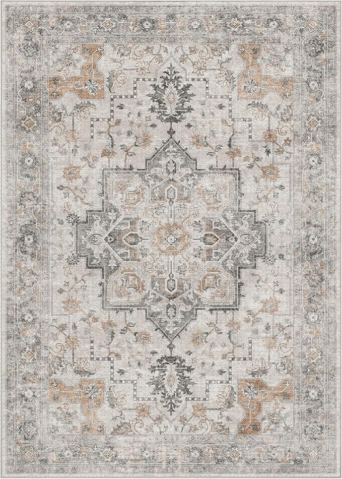 GENIMO 29"x17" Area Rugs for Living Room, Machine Washable Non Slip Vintage Rugs, Low Pile Soft Chenille Print Rug for Bedroom, Dining Room, Home Office, Light Taupe Brown