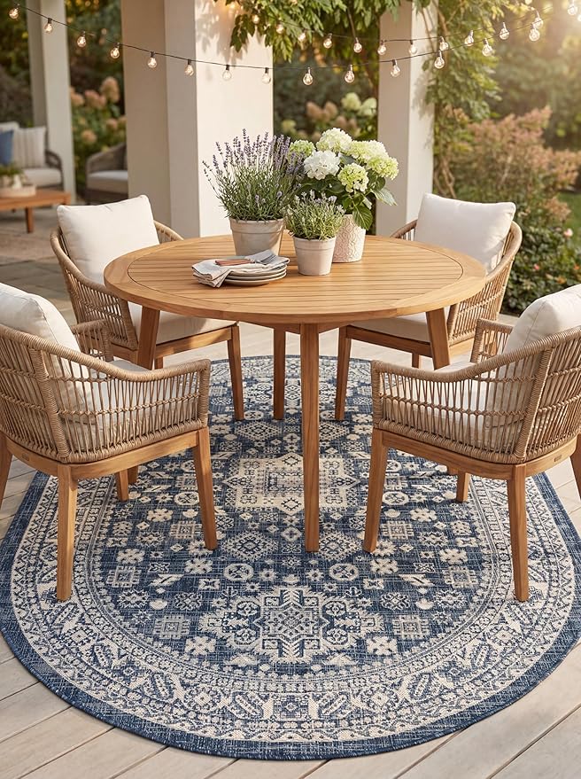 Rugs.com Outdoor Aztec Collection Rug – 8' x 10' Oval Blue Flatweave Rug Perfect for Living Rooms, Large Dining Rooms, Open Floorplans