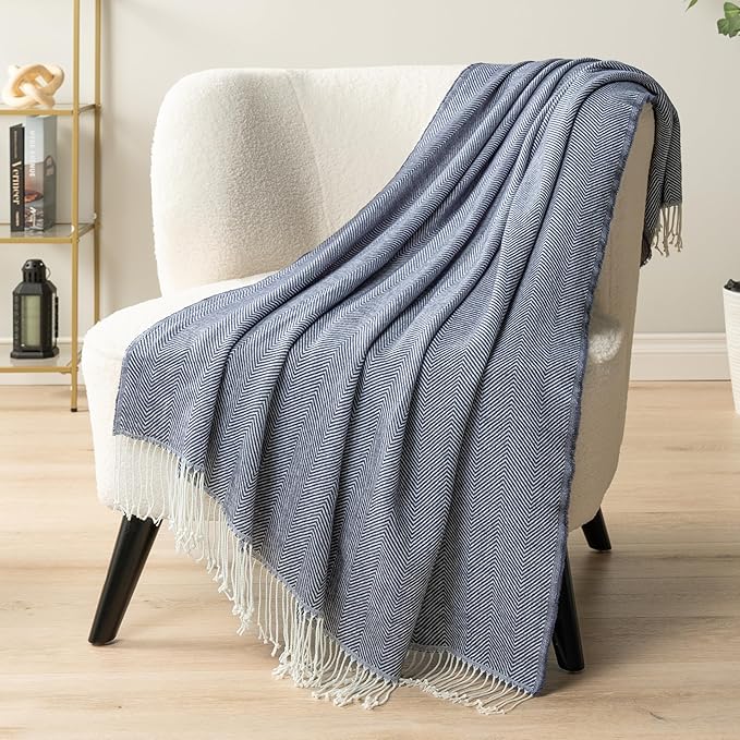PAVILIA Herringbone Blanket Throw with Fringe,Faux Cashmere Knitted Throw with Tassels for Couch Bed,Decorative Farmhouse Soft Lightweight Plush Fuzzy Cozy,50x60,Herringbone - Navy Blue