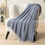 PAVILIA Herringbone Blanket Throw with Fringe,Faux Cashmere Knitted Throw with Tassels for Couch Bed,Decorative Farmhouse Soft Lightweight Plush Fuzzy Cozy,50x60,Herringbone - Navy Blue