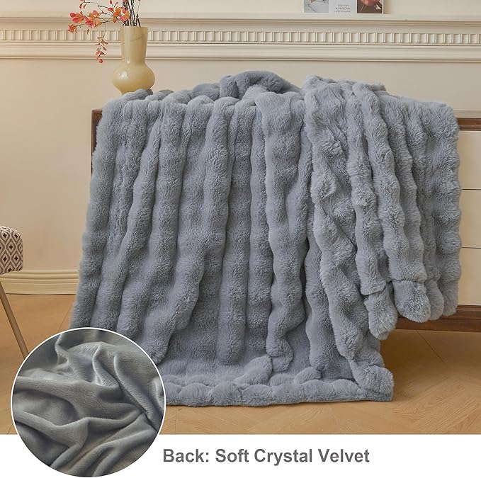 LIFEREVO Luxury Fluffy Faux Rabbit Fur Blanket, Plush Fuzzy Bubble Waffle Throw for Couch Sofa, Cozy Comfy Furry Bed Blanket Home Decoration, Shaggy Throw for Bedroom Living Room, 60x90, Light Grey