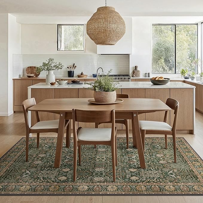 Bavni Area Rugs 6x9- Washable Rug Lightweight Non-Slip, Ultra Thin Low Pile Living Room Rug, Modern Printed Vintage Rugs for Dinning Room Office, Dark Green/Multi
