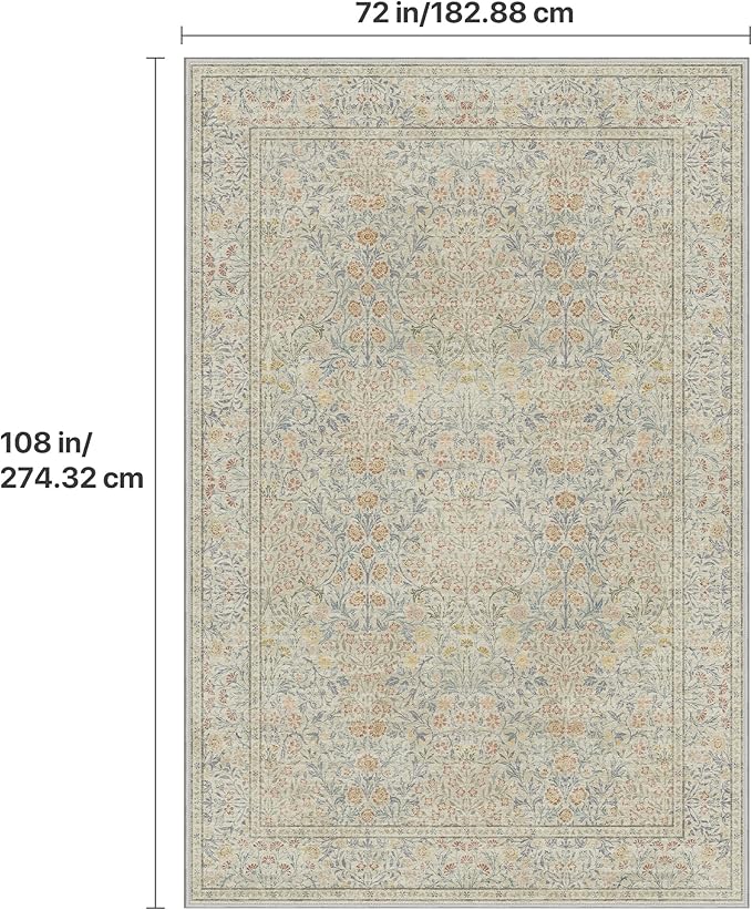 GENIMO 6x9 Area Rug for Living Room, Washable Vintage Floral Low-Pile Non-Slip Large Carpet for Bedroom Dining Room, Stain Resistant Botanical Indoor Rug (Beige)