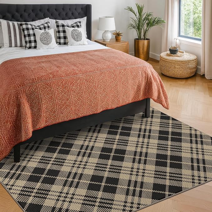 JTJ Vintage Easy Jute Rugs for Bedroom 5x7 - Diamond Patterned Woven Rug for Indoor Area, Living Room, Washable Low Pile Black and White Classic Decor