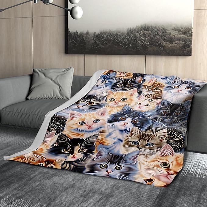 Cute Cat Blanket Soft Flannel Lightweight Kitten Cats Animals Pet Print Throw Blanket Cozy Warm Blankets All Seasons Living Room Decor for Kids Adults Cat Lovers Use On Sofa Bed Office 50x60 inch