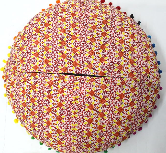 CRAFT KALA 32" Large Round Bohemian Floor Pillow Pouf Cover Mandala Meditation Room Pillow Cover for Adults Boho Seating Poufs Cushion Cover for Kids Playroom Yellow Orange Ombre