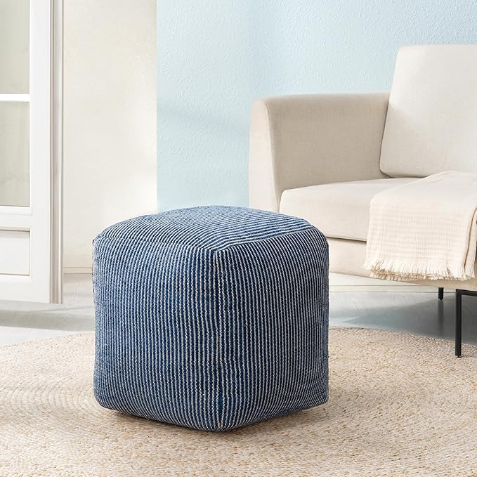 Anji Mountain Pouf Ottoman Foot Rest, Handmade Ottoman Pouf, Comfortable Foot Stool, Decorative Floor Seating for Living Room Decor, Bedroom & Home Décor Accent - Sailor Blue