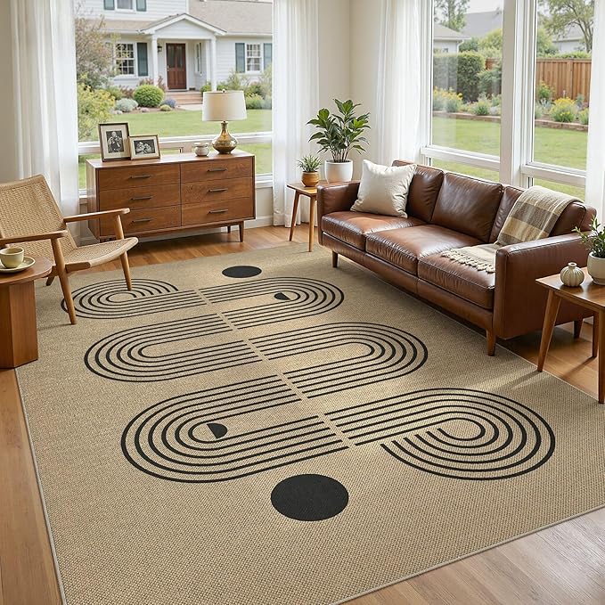 6x9 Jute Rug for Living Room: Farmhouse Carpet Indoor Outdoor Washable Non Slip Area Rug for Bedroom Patio Backyard Dining Room Table Home Office - Geometric Brown