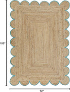 Scalloped Natural Jute Area Rug, Teal Trim, 6'x9'