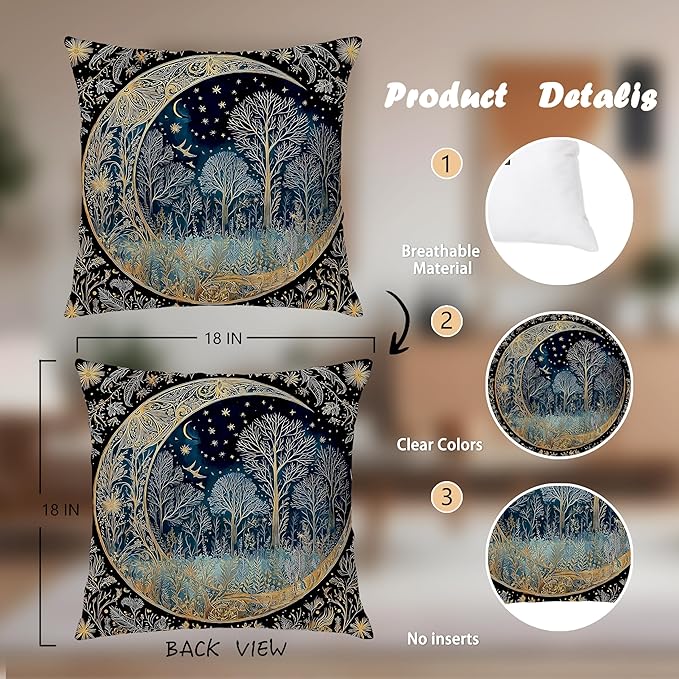 Vintage Dark William Morris Night Moon Forest Decor Pillow Covers 18x18 Double-Sided,Black Forest Decor,Dark Dcademia Floral Decorative Throw Pillow Covers for Home Bedroom Living Room