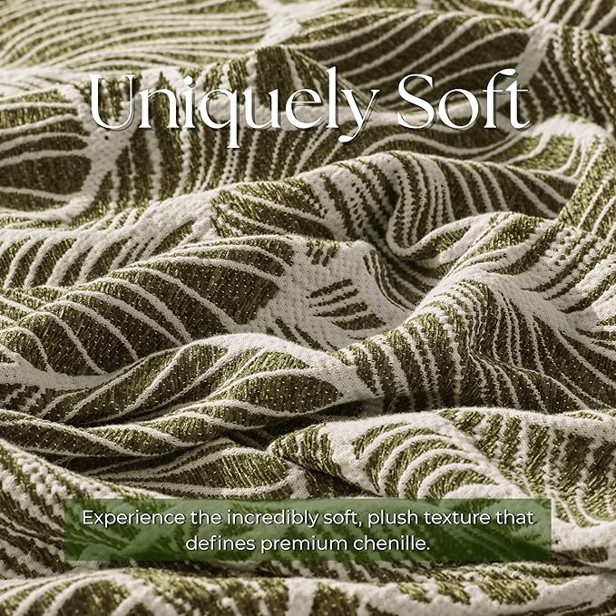 DOWN HOME Chenille Cotton Throw Blanket for Couch, Lightweight Boho Blanket for Bed Sofa Chair Living Room Outdoor Soft Woven Decorative Blanket with Tassel Gift Olive Leaves 55"x60"