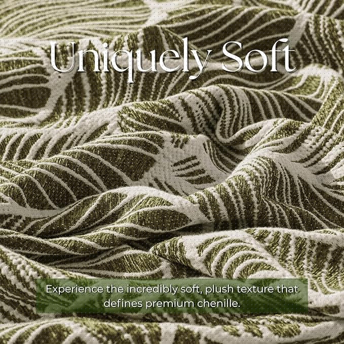 DOWN HOME Chenille Cotton Throw Blanket for Couch, Lightweight Boho Blanket for Bed Sofa Chair Living Room Outdoor Soft Woven Decorative Blanket with Tassel Gift Olive Leaves 50"x70"