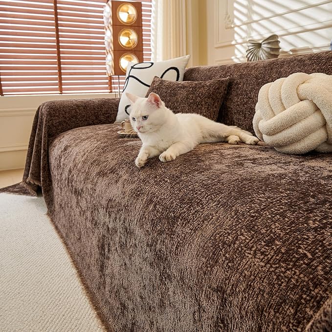 ROOMLIFE Brown Sofa Cover, Vintage Boho Couch Cover for 3 Cushion Sofa, Soft Chenille Sofa Cover for Dog, Washable Furniture Sofa Protector Cover Blanket with Tassel for Living Room, 71 '' X 150''