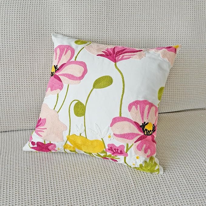 vctops Lotus Flower Embroidered Decorative Throw Pillow Cover Spring Summer Floral Square Pillow Cases Cotton Cushion Cover for Couch Sofa Bed (Flower A,18"x18")