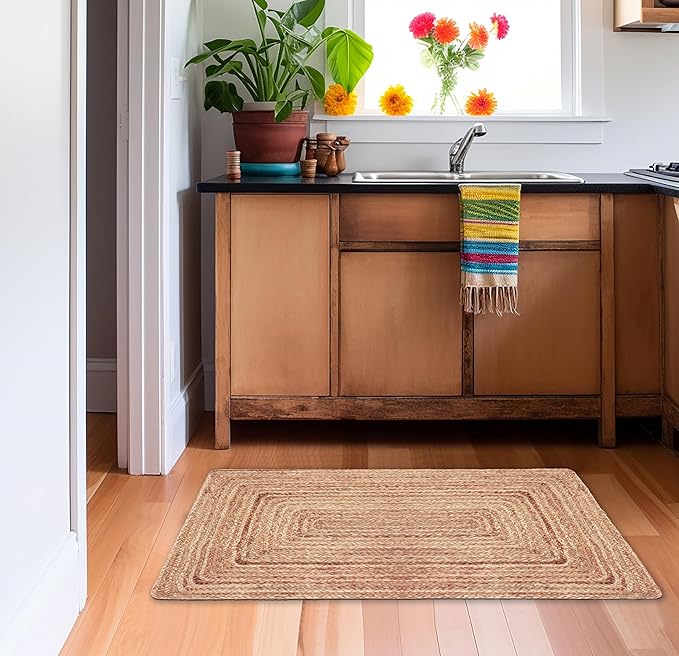 COTTON CRAFT Jute Rug - Braided 100% Jute Door Mat - Woven Neutral Reversible Small Rug - Entryway Kitchen Living Room Bedroom Bathroom Farmhouse Rustic Boho Door Mat Throw Carpet - 22x34 - Natural