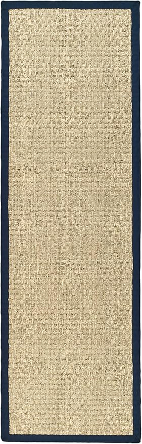 SAFAVIEH Natural Fiber Collection Runner Rug - 2'6" x 12', Natural & Blue, Seagrass, Basketweave Pattern with Border (NF114E)