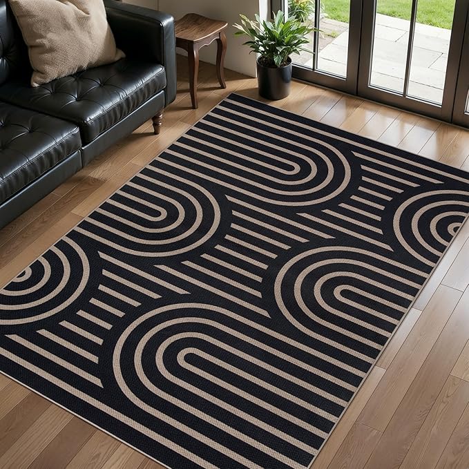 Tangsoo Modern Easy Jute 3x5 Rug for Living Room,Washable Indoor Outdoor Rugs Farmhouse Non-Slip Thin Indoor Door Mat,Black Rainbow Throw Carpet Front Porch Bedroom Patio Entryway Balcony Decor