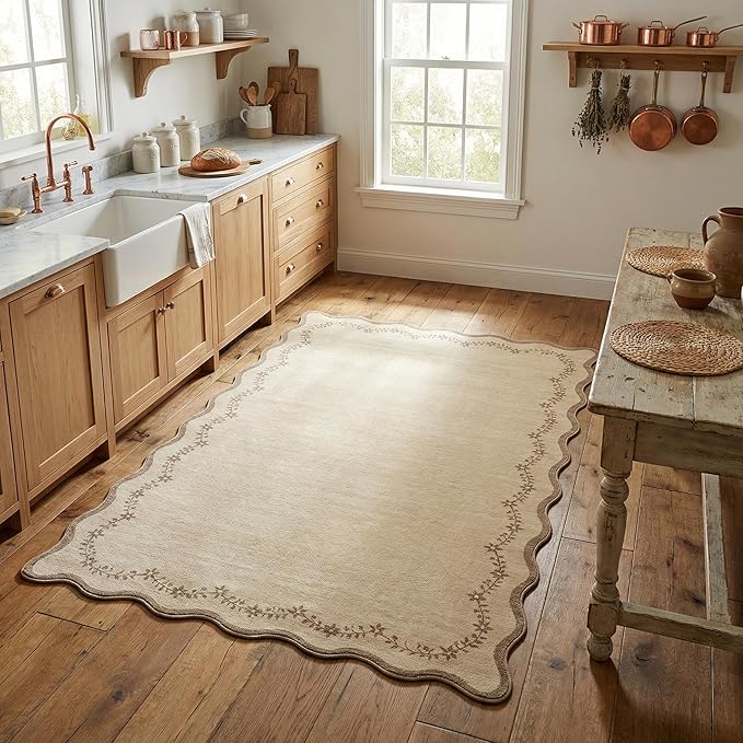 GarveeHome 3x5 Scalloped Washable Area Rug for Bedroom,Soft Solid Jute Entryway Rug Farmhouse Kitchen Mat Non Slip Low Pile Carpet Stain Resistant Throw Rug for Bedside Kids Room Office