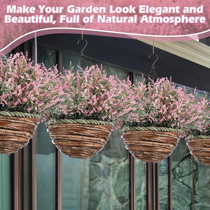 2 Sets Artificial Lavender Flowers with Hanging Basket for Outdoor Indoor Artificial Faux Hanging Flowers Plants Rattan Lining for Porch Garden Yard Spring Summer Decor(Pink)