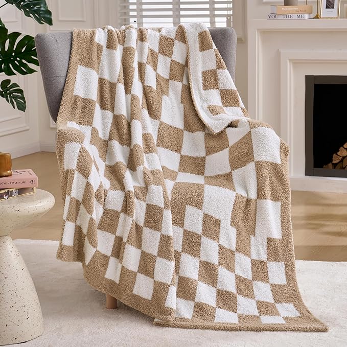 Joiedomi Throw Blanket for Couch Bed, Checkered Knitted Blankets Gifts for Women Mom Girls, Cozy Cute Soft Throw Home Room Decor Aesthetic for Women Mothers Birthday Gifts 50x60 Inches