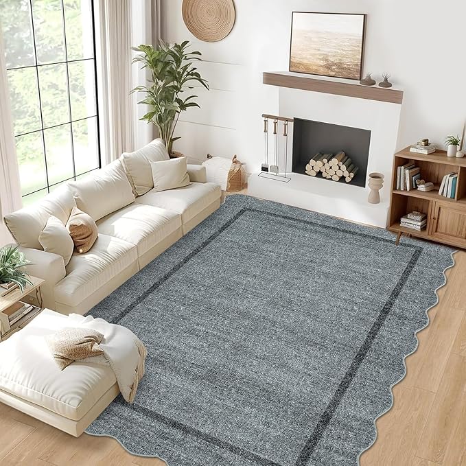 GarveeHome Scalloped Washable Area Rugs 9 x 12 Rug for Living Room Modern Rug Non Slip Throw Rugs Large Bedroom Rugs Low Pile Stain Resistant Carpet for Dining Room Nursery 9'x12' Grey