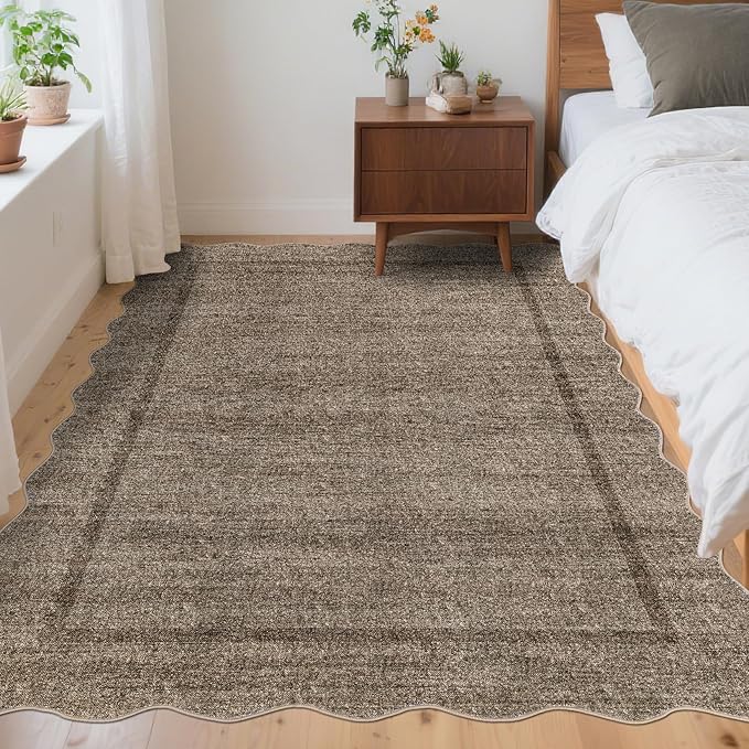 GarveeHome Scalloped Living Room Rug 5x7 Area Rug Washable Area Rug for Bedroom Modern Traditional Kids Rug Non Slip Throw Rugs Soft Low Pile Stain Resistant Carpet for Dining Room 5 ft x7 ft Taupe
