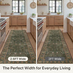 Bavni 2'6''x7 Rug Runners for Hallways, Washable Runner Rug Non Slip, Vintage Floral Print Style Rugs for Bedroom-Lightweight Low Pile Carpet for Hallways Bathroom, Dark Green/Multi