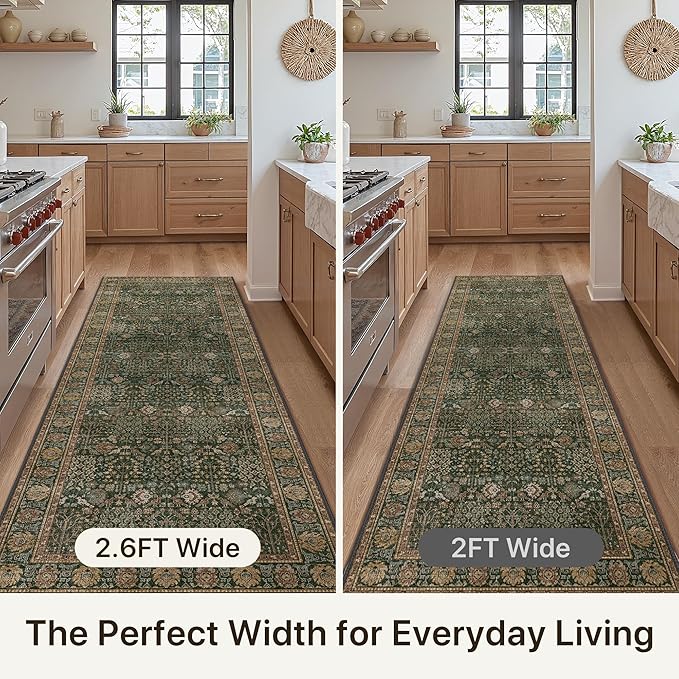 Bavni 2'6''x7 Rug Runners for Hallways, Washable Runner Rug Non Slip, Vintage Floral Print Style Rugs for Bedroom-Lightweight Low Pile Carpet for Hallways Bathroom, Dark Green/Multi
