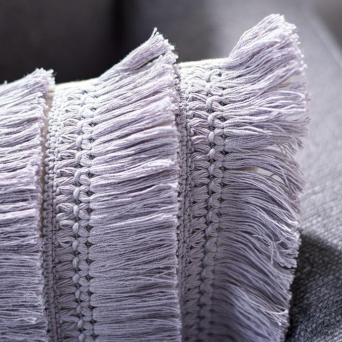 SAFAVIEH Home Collection Grema Boho Fringe Light Grey/Periwinkle 12 x 20-inch Rectangle Decorative Accent Throw Pillow with Insert