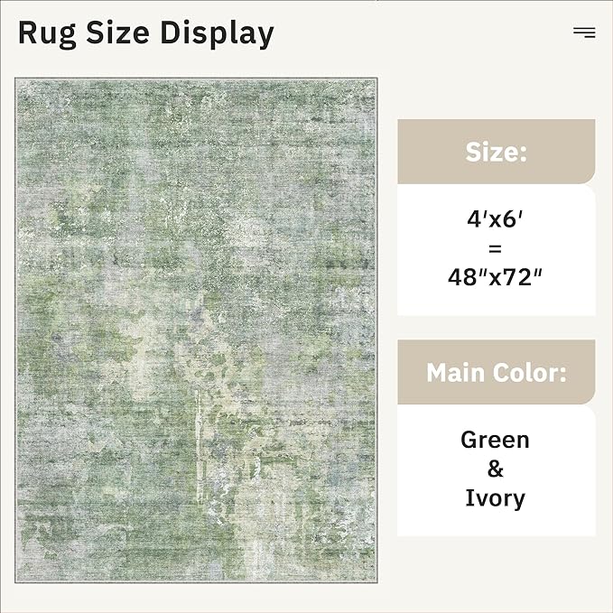 Area Rugs 4x6 for Living Room, Vintage Washable Rugs for Dining Room, Kitchen, Non-Slip Area Rug Green Ivory