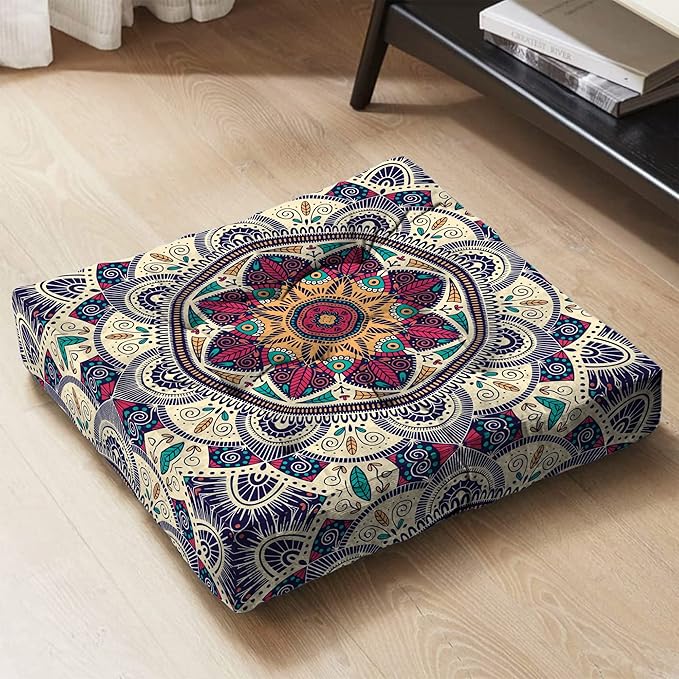 Mandala Meditation Cushion, Boho Meditation Mat, Meditation Pillows For Sitting on Floor, Cushions for Sitting in Home and Outdoor, Square Floor Pillow Cushion Seating for Yoga Accessories 22'' x 22''